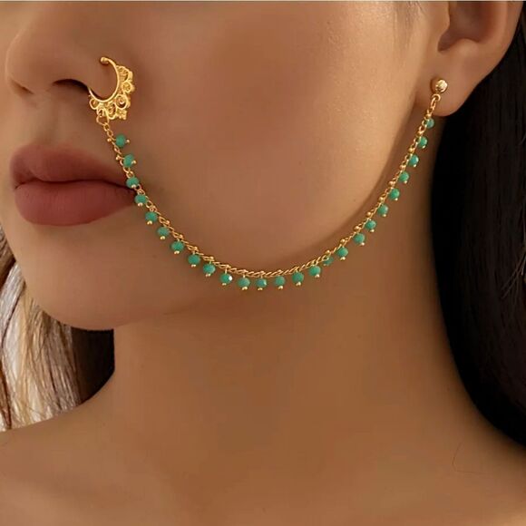 NEW!! Lacteo Trendy Ear Stud Nose Rings Clip Black Green Small Beads Charm Fake - Picture 1 of 6